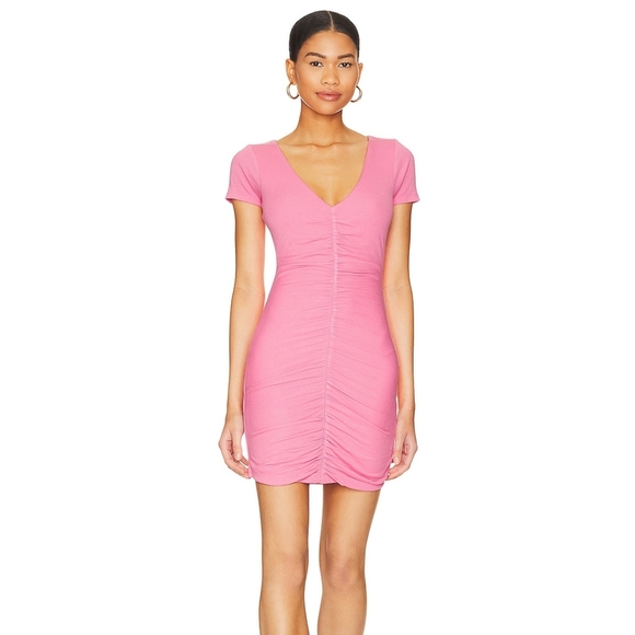 L*SPACE NWOT Lani Mini Ruched V-neck Ribbed Dress In Guava Pink Size Small - Picture 1 of 14